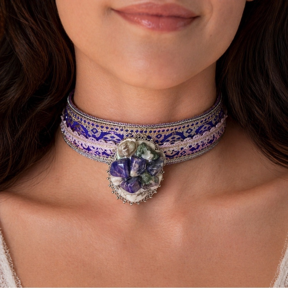 Artisan Choker Handmade OOAK Necklace Collar w/Cluster Gemstone Pendant Signed